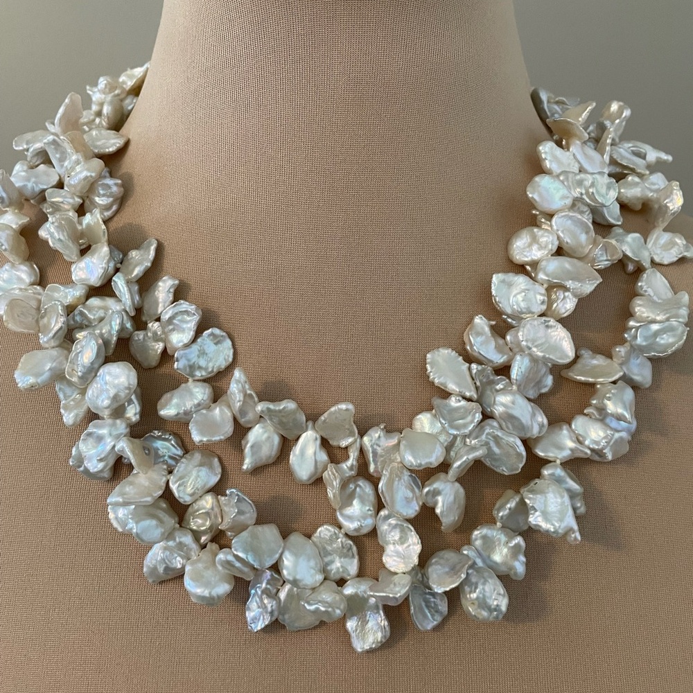 3 Strand Keshi Cornflake Pearl Necklace with SS Clasp
